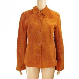 Vintage Burnt Orange Western Boho Embroidered Trim Detail Suede Leather Jacket